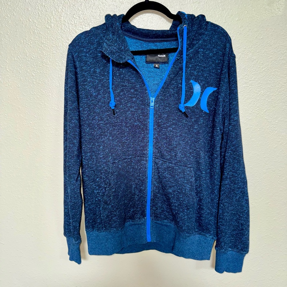 Hurley Men’s Navy Heather Zip Hoodie with Bright Blue Accents